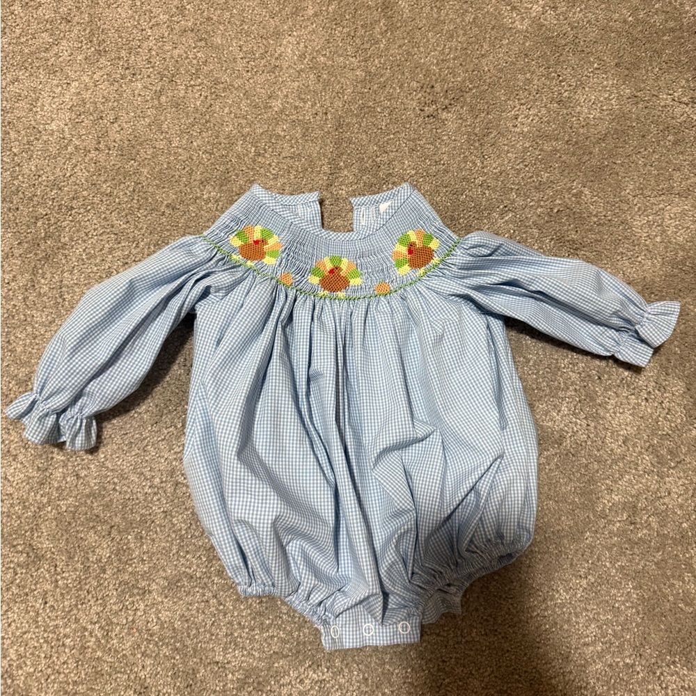 Blue Gingham thanksgiving Smocked Baby Bubble